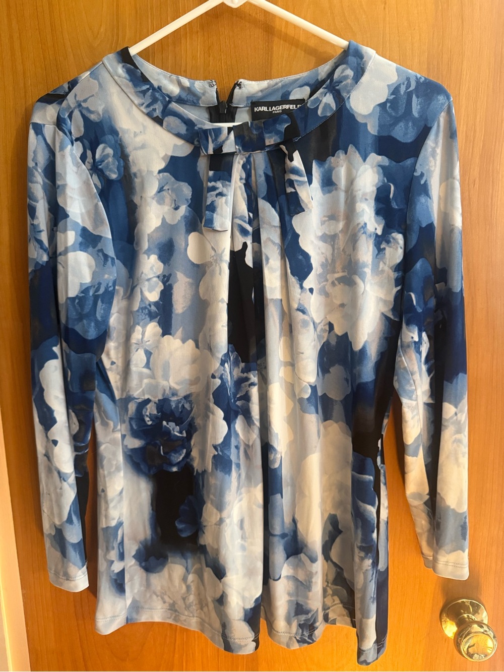Karl Lagerfeld Blue and White Floral Pleated-Neck Long Sleeve Top